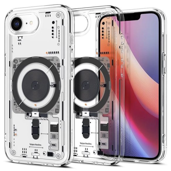 Apple iPhone 16e, Műanyag hátlap védőtok + szilikon keret, Magsafe töltővel kompatibilis, iPhone belső minta, Spigen Ultra Hybrid Neo One Mag, átlátszó/fekete