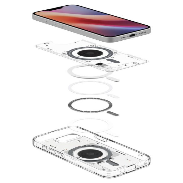 Apple iPhone 16e, Műanyag hátlap védőtok + szilikon keret, Magsafe töltővel kompatibilis, iPhone belső minta, Spigen Ultra Hybrid Neo One Mag, átlátszó/fekete