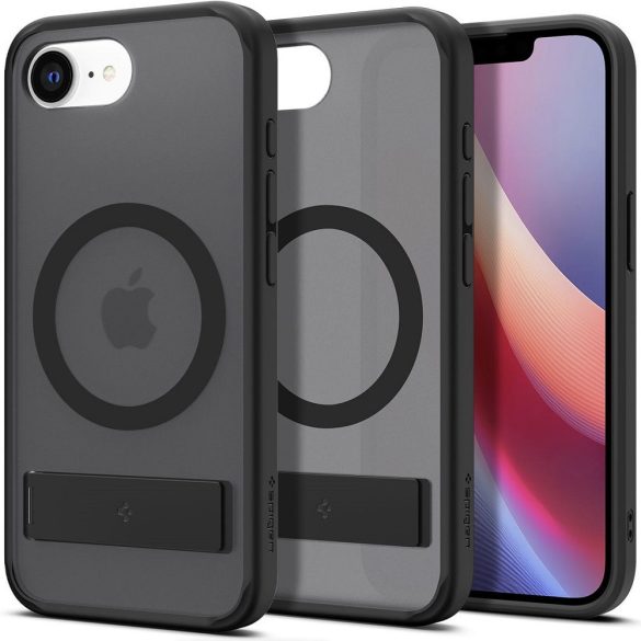Apple iPhone 16e, Műanyag hátlap védőtok + szilikon keret, kitámasztóval, Magsafe töltővel kompatibilis, Spigen Ultra Hybrid "S" Mag, áttetsző/fekete