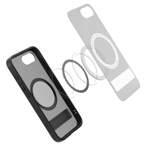 Apple iPhone 16e, Műanyag hátlap védőtok + szilikon keret, kitámasztóval, Magsafe töltővel kompatibilis, Spigen Ultra Hybrid "S" Mag, áttetsző/fekete
