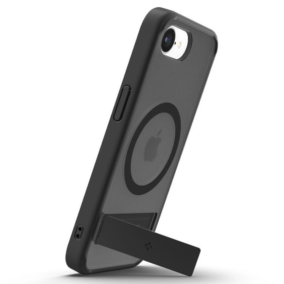 Apple iPhone 16e, Műanyag hátlap védőtok + szilikon keret, kitámasztóval, Magsafe töltővel kompatibilis, Spigen Ultra Hybrid "S" Mag, áttetsző/fekete