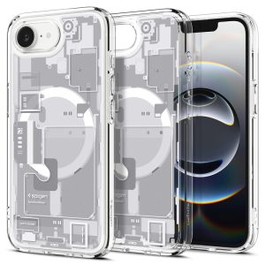 Apple iPhone 16e, Műanyag hátlap védőtok + szilikon keret, Magsafe töltővel kompatibilis, iPhone belső minta, Spigen Ultra Hybrid Zero One Mag, átlátszó/fehér