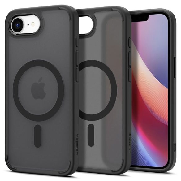 Apple iPhone 16e, Szilikon tok + műanyag keret, közepesen ütésálló, Magsafe töltővel kompatibilis, Spigen Crystal Hybrid Mag, áttetsző/fekete