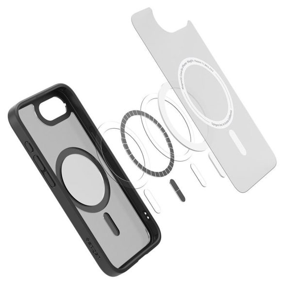 Apple iPhone 16e, Szilikon tok + műanyag keret, közepesen ütésálló, Magsafe töltővel kompatibilis, Spigen Crystal Hybrid Mag, áttetsző/fekete