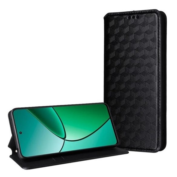 Xiaomi 15, Oldalra nyíló tok, bőrhatású, stand, Teljes 3D rombusz minta, prémium, fekete