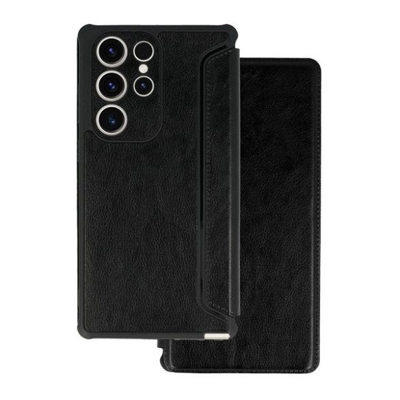 Samsung Galaxy S25 Ultra SM-S938, Oldalra nyíló tok, közepesen ütésálló, bőrhatású, fekete