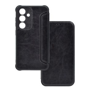 Samsung Galaxy S25 SM-S931, Oldalra nyíló tok, közepesen ütésálló, bőrhatású, fekete