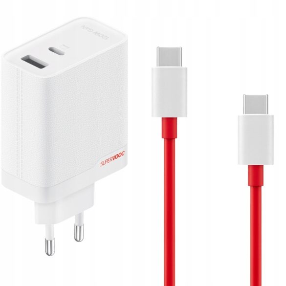 Hálózati töltő adapter, 120W, USB aljzat, USB Type-C aljzat, USB Type-C - USB Type-C kábellel, gyorstöltés, PD, QC, PPS, GaN, OnePlus SuperVooc, fehér, gyári