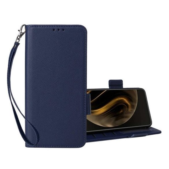 Huawei Nova 13 Pro, Oldalra nyíló tok, stand, kártyatartóval, kézpánttal, bőrhatású, prémium, sötétkék