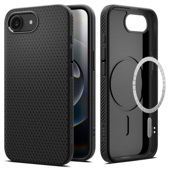 Apple iPhone 16e, Szilikon tok, Magsafe töltővel kompatibilis, háromszög minta, Spigen Liquid Air Mag, fekete