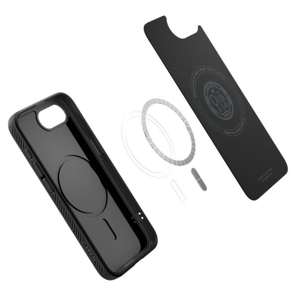 Apple iPhone 16e, Szilikon tok, Magsafe töltővel kompatibilis, háromszög minta, Spigen Liquid Air Mag, fekete