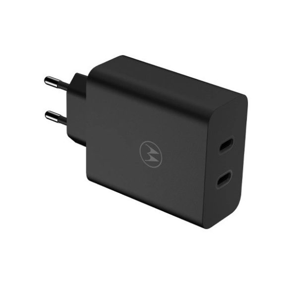 Hálózati töltő adapter, 125W, 2 x USB Type-C aljzat, USB Type-C - USB Type-C kábellel, PD, gyorstöltés, Motorola TurboPower, fekete, gyári
