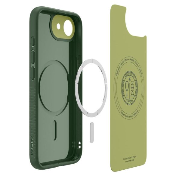 Apple iPhone 16e, Szilikon tok, közepesen ütésálló, légpárnás sarok, Magsafe töltővel kompatibilis, Spigen Caseology Nano Pop Mag, sötétzöld