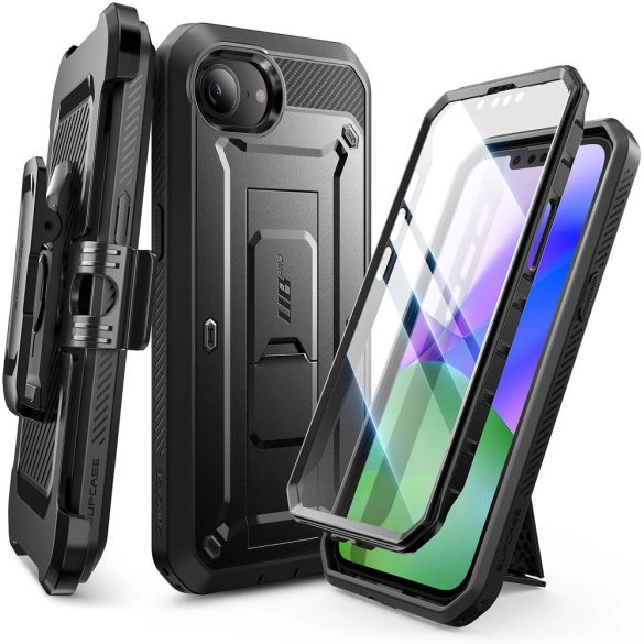 Apple iPhone 16e, Műanyag hátlap védőtok + képernyővédő, közepesen ütésálló, telefontartó gyűrű, kitámasztóval, övre fűzhető, SupCase Unicorn Beetle Pro, fekete