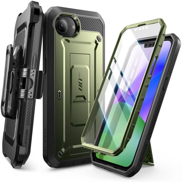 Apple iPhone 16e, Műanyag hátlap védőtok + képernyővédő, közepesen ütésálló, telefontartó gyűrű, kitámasztóval, övre fűzhető, SupCase Unicorn Beetle Pro, sötétzöld