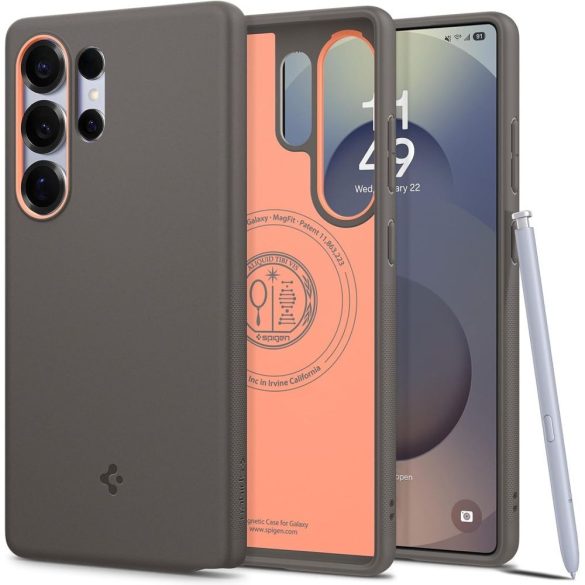 Samsung Galaxy S25 Ultra SM-S938, Szilikon tok, közepesen ütésálló, légpárnás sarok, Magsafe töltővel kompatibilis, Spigen Caseology Nano Pop Mag, szürke