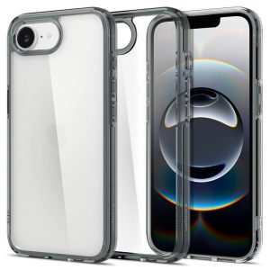 Apple iPhone 16e, Műanyag hátlap védőtok + szilikon keret, Spigen Ultra Hybrid, átlátszó/füst