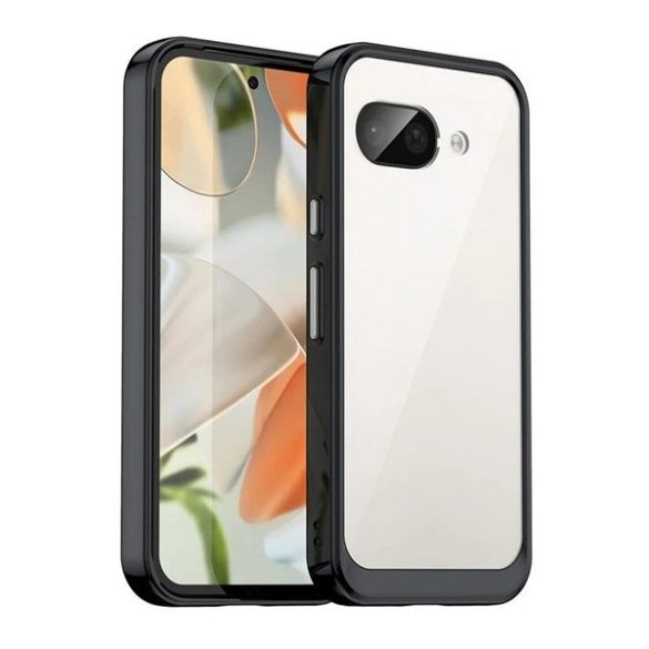 Google Pixel 9a, Műanyag hátlap védőtok + szilikon keret, közepesen ütésálló, átlátszó hátlap, fekete