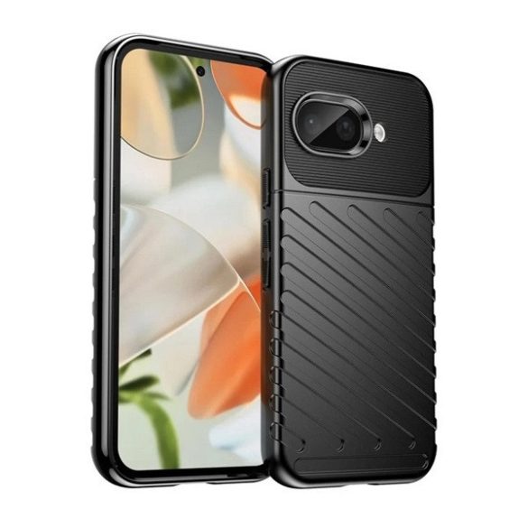 Google Pixel 9a, Szilikon tok, közepesen ütésálló, domború csíkos minta, fekete