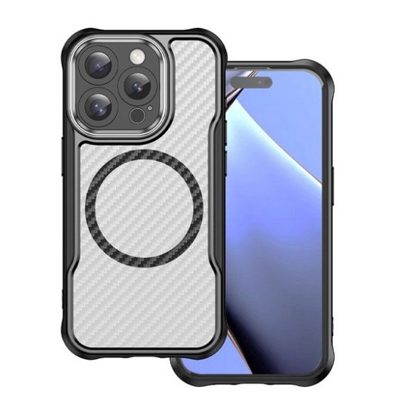 Apple iPhone 16 Pro, Szilikon tok, közepesen ütésálló, légpárnás sarok, kameravédő keret, Magsafe töltővel kompatibilis, karbon minta, fekete
