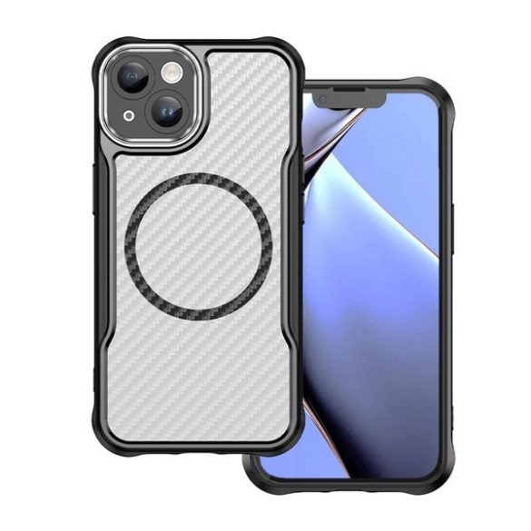 Apple iPhone 14, Szilikon tok, közepesen ütésálló, légpárnás sarok, kameravédő keret, Magsafe töltővel kompatibilis, karbon minta, fekete