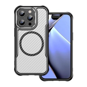 Apple iPhone 14 Pro, Szilikon tok, közepesen ütésálló, légpárnás sarok, kameravédő keret, Magsafe töltővel kompatibilis, karbon minta, fekete