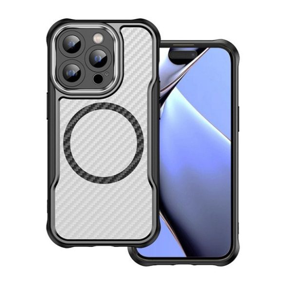 Apple iPhone 14 Pro, Szilikon tok, közepesen ütésálló, légpárnás sarok, kameravédő keret, Magsafe töltővel kompatibilis, karbon minta, fekete