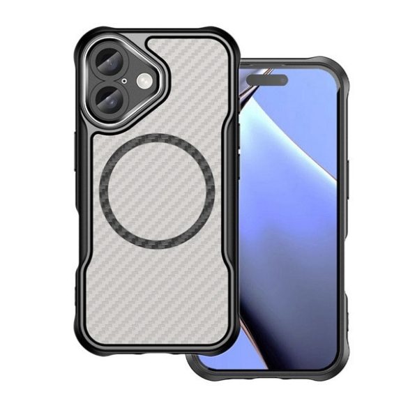 Apple iPhone 16, Szilikon tok, közepesen ütésálló, légpárnás sarok, kameravédő keret, Magsafe töltővel kompatibilis, karbon minta, fekete