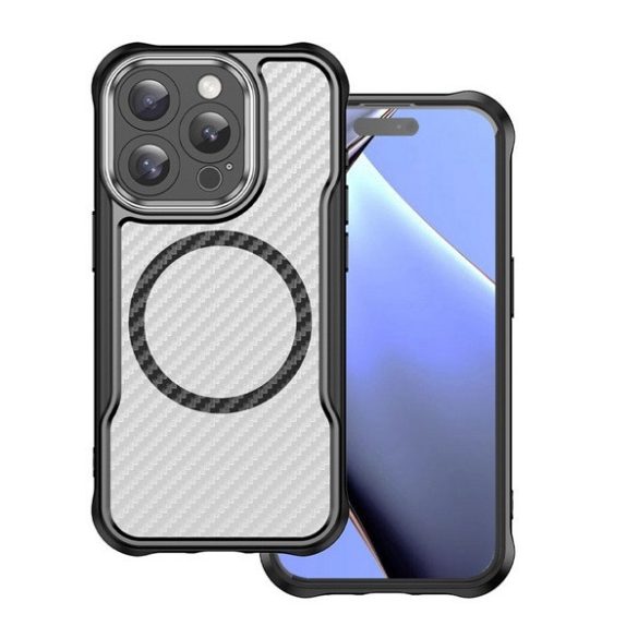 Apple iPhone 16 Pro Max, Szilikon tok, közepesen ütésálló, légpárnás sarok, kameravédő keret, Magsafe töltővel kompatibilis, karbon minta, fekete