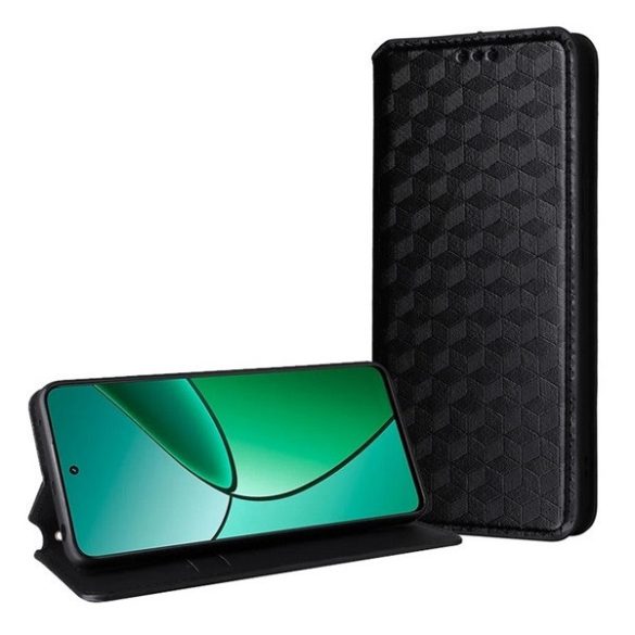 Realme 14 Pro, Oldalra nyíló tok, bőrhatású, stand, Teljes 3D rombusz minta, prémium, fekete