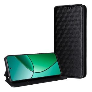 Realme 14 Pro Plus, Oldalra nyíló tok, bőrhatású, stand, Teljes 3D rombusz minta, prémium, fekete