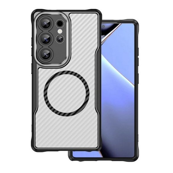 Samsung Galaxy S25 Ultra SM-S938, Szilikon tok, közepesen ütésálló, légpárnás sarok, kameravédő keret, Magsafe töltővel kompatibilis, karbon minta, fekete
