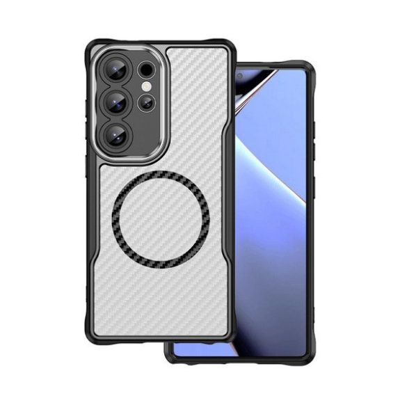 Samsung Galaxy S24 Ultra SM-S928, Szilikon tok, közepesen ütésálló, légpárnás sarok, kameravédő keret, Magsafe töltővel kompatibilis, karbon minta, fekete