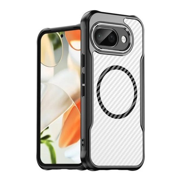 Google Pixel 9a, Szilikon tok, közepesen ütésálló, légpárnás sarok, kameravédő keret, Magsafe töltővel kompatibilis, karbon minta, fekete