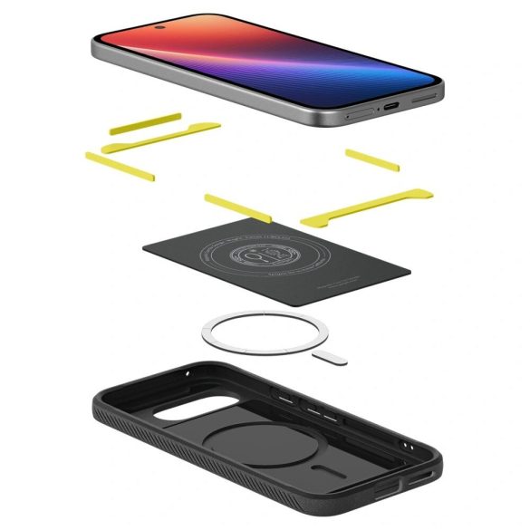 Google Pixel 9a, Szilikon tok + műanyag hátlap, közepesen ütésálló, Magsafe töltővel kompatibilis, karbon minta, Spigen Rugged Armor Mag, fekete