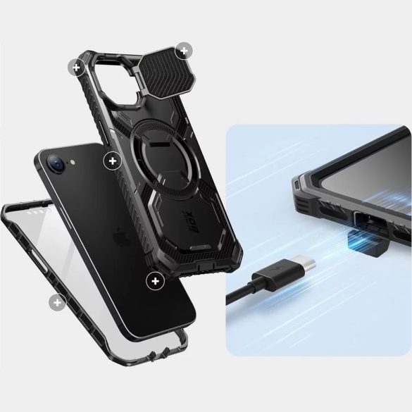 Apple iPhone 16e, Műanyag hátlap védőtok + képernyővédő, közepesen ütésálló, légpárnás sarok, kamera védelem, kitámasztóval, Magsafe kompatibilis, SupCase IBLSN ArmorBox Mag, fekete