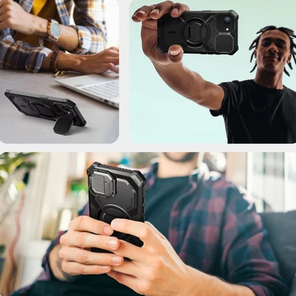 Apple iPhone 16e, Műanyag hátlap védőtok + képernyővédő, közepesen ütésálló, légpárnás sarok, kamera védelem, kitámasztóval, Magsafe kompatibilis, SupCase IBLSN ArmorBox Mag, fekete