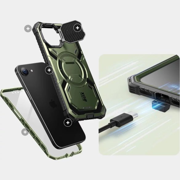 Apple iPhone 16e, Műanyag hátlap védőtok + képernyővédő, közepesen ütésálló, légpárnás sarok, kamera védelem, kitámasztóval, Magsafe kompatibilis, SupCase IBLSN ArmorBox Mag, sötétzöld
