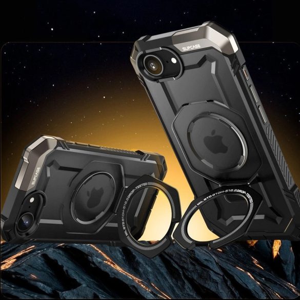 Apple iPhone 16e, Műanyag hátlap védőtok + szilikon keret, közepesen ütésálló, kitámasztóval, telefontartó gyűrű, Magsafe töltővel kompatibilis, SupCase Unicorn Beetle Grip Mag, fekete