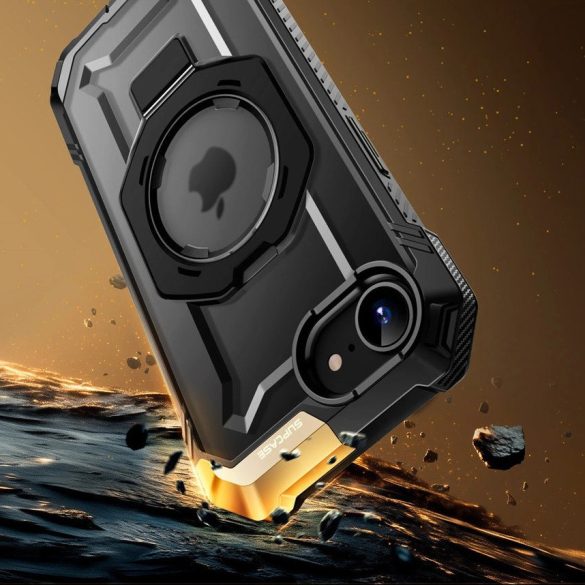 Apple iPhone 16e, Műanyag hátlap védőtok + szilikon keret, közepesen ütésálló, kitámasztóval, telefontartó gyűrű, Magsafe töltővel kompatibilis, SupCase Unicorn Beetle Grip Mag, fekete