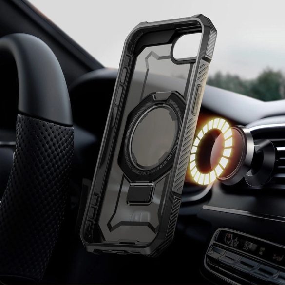Apple iPhone 16e, Műanyag hátlap védőtok + szilikon keret, közepesen ütésálló, kitámasztóval, telefontartó gyűrű, Magsafe töltővel kompatibilis, SupCase Unicorn Beetle Grip Mag, fekete