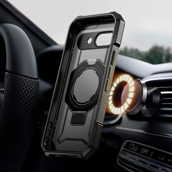 Google Pixel 9a, Műanyag hátlap védőtok + szilikon keret, közepesen ütésálló, kitámasztóval, telefontartó gyűrű, Magsafe töltővel kompatibilis, SupCase Unicorn Beetle Grip Mag, fekete