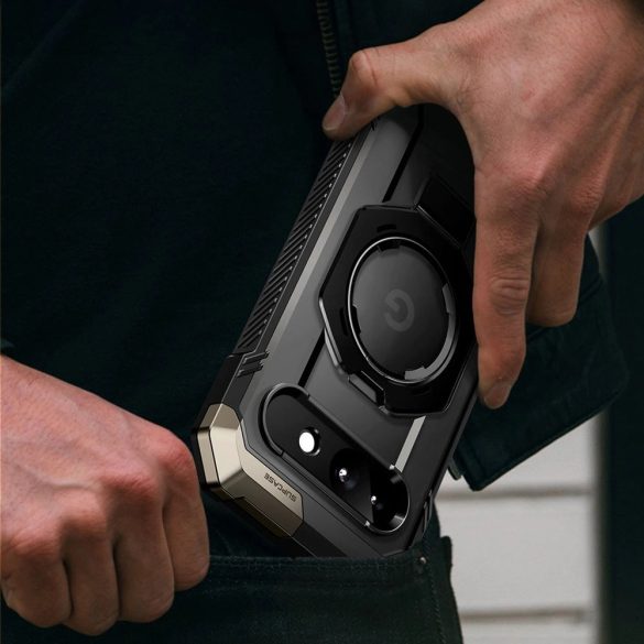 Google Pixel 9a, Műanyag hátlap védőtok + szilikon keret, közepesen ütésálló, kitámasztóval, telefontartó gyűrű, Magsafe töltővel kompatibilis, SupCase Unicorn Beetle Grip Mag, fekete