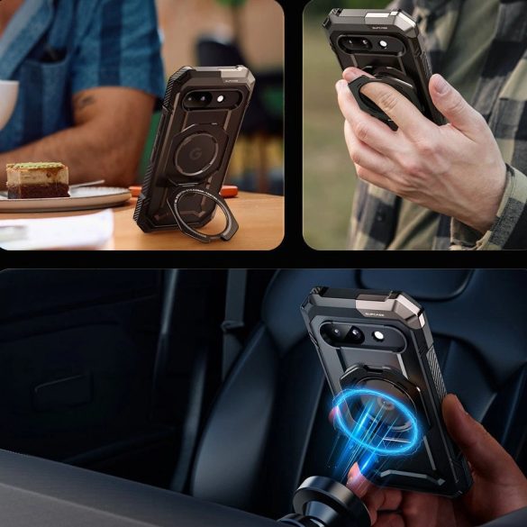 Google Pixel 9a, Műanyag hátlap védőtok + szilikon keret, közepesen ütésálló, kitámasztóval, telefontartó gyűrű, Magsafe töltővel kompatibilis, SupCase Unicorn Beetle Grip Mag, fekete