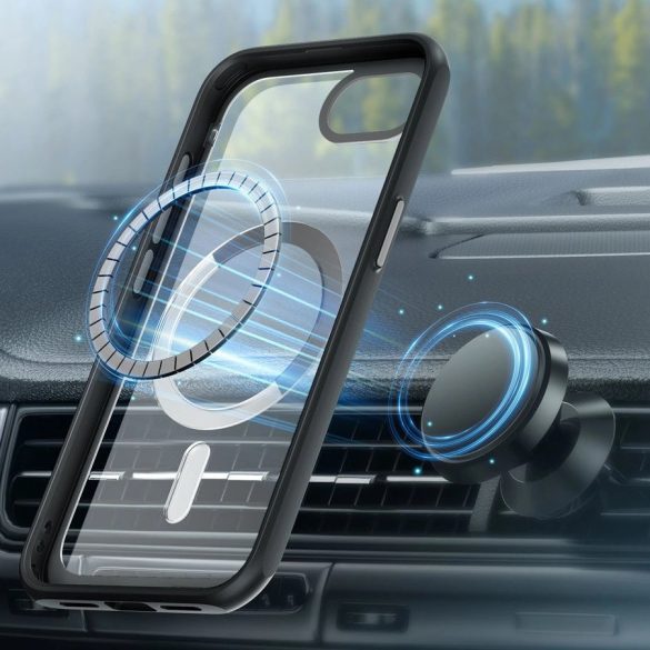 Apple iPhone 16e, Műanyag hátlap védőtok + szilikon keret, közepesen ütésálló, átlátszó hátlap, Magsafe töltővel kompatibilis, SupCase Unicorn Beetle Mag, fekete