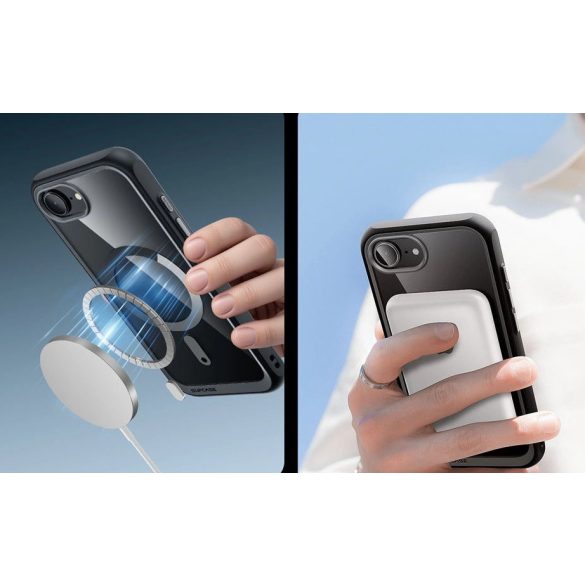 Apple iPhone 16e, Műanyag hátlap védőtok + szilikon keret, közepesen ütésálló, átlátszó hátlap, Magsafe töltővel kompatibilis, SupCase Unicorn Beetle Mag, fekete