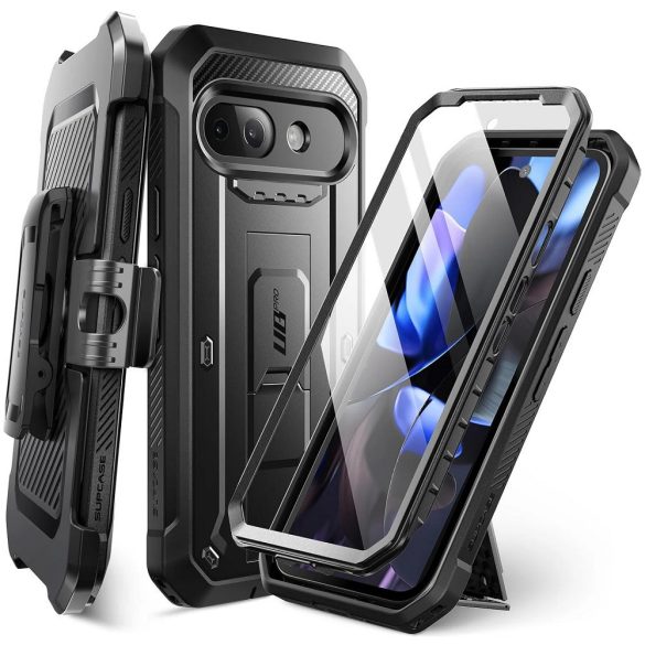 Google Pixel 9a, Műanyag hátlap védőtok + képernyővédő, közepesen ütésálló, telefontartó gyűrű, kitámasztóval, övre fűzhető, SupCase Unicorn Beetle Pro, fekete