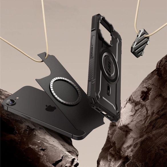 Apple iPhone 16e, Műanyag hátlap védőtok + szilikon keret, közepesen ütésálló, kamera védelem, kitámasztóval, Magsafe kompatibilis, SupCase Unicorn Beetle XT Mag, fekete