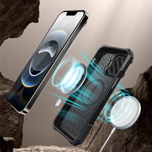 Apple iPhone 16e, Műanyag hátlap védőtok + szilikon keret, közepesen ütésálló, kamera védelem, kitámasztóval, Magsafe kompatibilis, SupCase Unicorn Beetle XT Mag, fekete