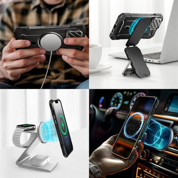 Apple iPhone 16e, Műanyag hátlap védőtok + szilikon keret, közepesen ütésálló, kamera védelem, kitámasztóval, Magsafe kompatibilis, SupCase Unicorn Beetle XT Mag, fekete
